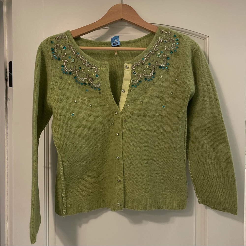 Free People Apple Green Soft Wool Angora Cardigan with Rhinestones